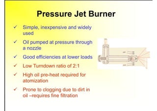 Pressure Jet Burner
 Simple, inexpensive and widely
used
 Oil pumped at pressure through
a nozzle
 Good efficiencies at lower loads
 Low Turndown ratio of 2:1
 High oil pre-heat required for
atomization
 Prone to clogging due to dirt in
oil –requires fine filtration
 