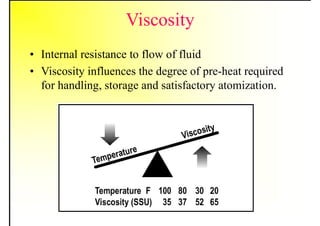 Viscosity
• Internal resistance to flow of fluid
• Viscosity influences the degree of pre-heat required
for handling, storage and satisfactory atomization.
 