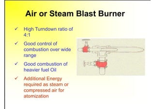 Air or Steam Blast Burner
 High Turndown ratio of
4:1
 Good control of
combustion over wide
range
 Good combustion of
heavier fuel Oil
 Additional Energy
required as steam or
compressed air for
atomization
 