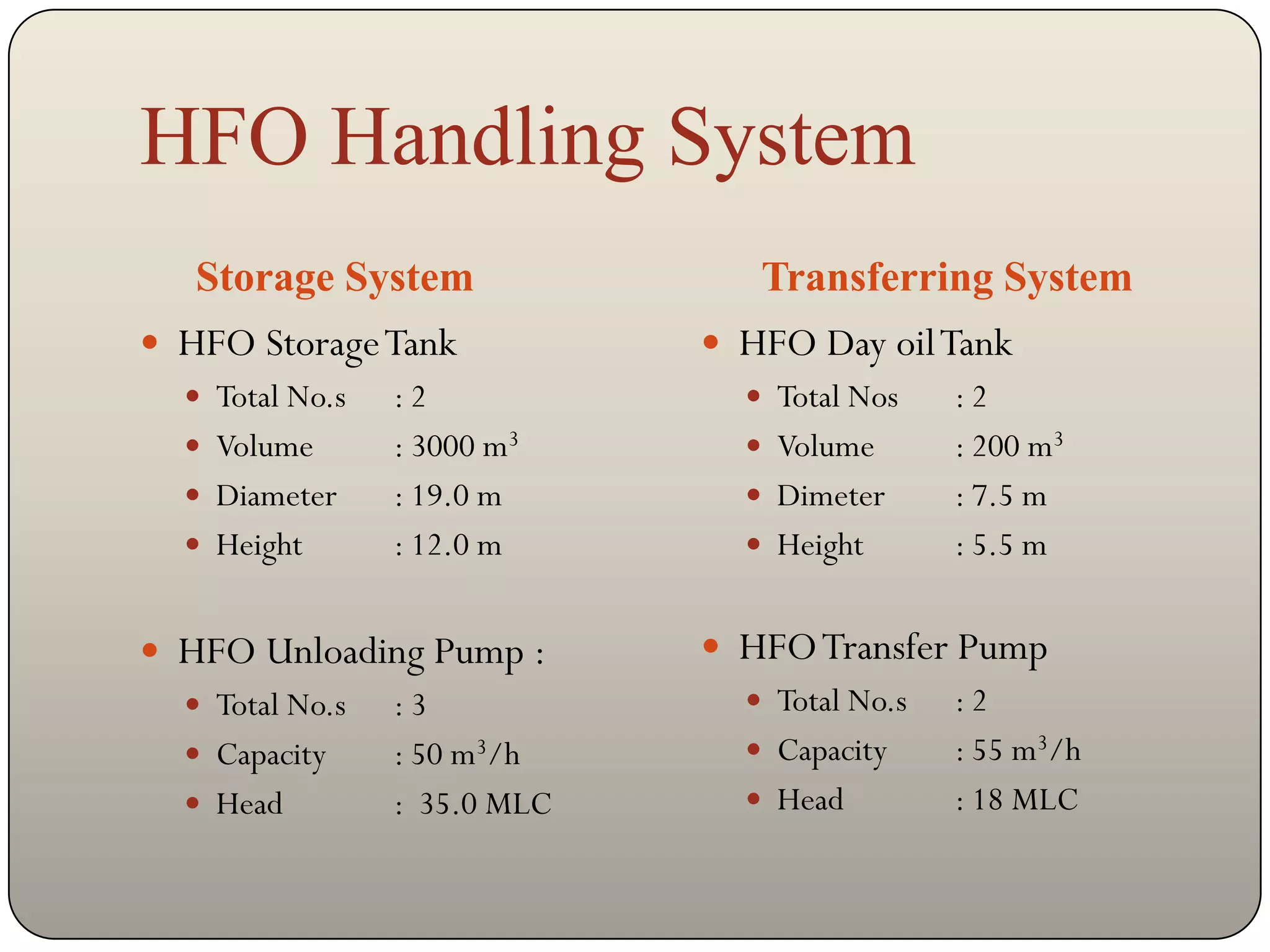 HFO Handling System
   Storage System              Transferring System
 HFO Storage Tank           HFO Day oil Tank
   Total No.s :2              Total Nos  :2
   Volume     : 3000 m3       Volume     : 200 m3
   Diameter   : 19.0 m        Dimeter    : 7.5 m
   Height     : 12.0 m        Height     : 5.5 m


 HFO Unloading Pump :       HFO Transfer Pump
   Total No.s :3              Total No.s :2
   Capacity   : 50 m3/h       Capacity   : 55 m3/h
   Head       : 35.0 MLC      Head       : 18 MLC
 
