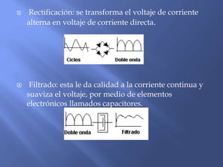  Rectificación: se transforma el voltaje de corriente
alterna en voltaje de corriente directa.
 Filtrado: esta le da calidad a la corriente continua y
suaviza el voltaje, por medio de elementos
electrónicos llamados capacitores.
 