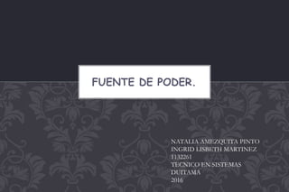 FUENTE DE PODER.
NATALIA AMEZQUITA PINTO
INGRID LISBETH MARTINEZ
1132261
TECNICO EN SISTEMAS
DUITAMA
2016
 