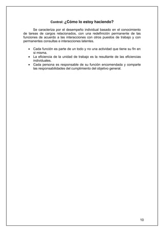 Control: ¿Cómo lo estoy haciendo?

       Se caracteriza por el desempeño individual basado en el conocimiento
de tareas de cargos relacionados, con una redefinición permanente de las
funciones de acuerdo a las interacciones con otros puestos de trabajo y con
permanentes consultas e interacciones latentes.

   •   Cada función es parte de un todo y no una actividad que tiene su fin en
       si misma.
   •   La eficiencia de la unidad de trabajo es la resultante de las eficiencias
       individuales.
   •   Cada persona es responsable de su función encomendada y comparte
       las responsabilidades del cumplimiento del objetivo general.




                                                                               10
 