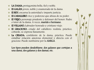 LA DAMA: protagonista bella, fiel y noble.
El GALÁN: joven, noble y enamorado de la dama.
El REY: encarna la autoridad e imparte justicia.
El CABALLERO: rico y poderoso que abusa de su poder.
El VIEJO: personaje prudente y defensor del honor. Padre
o tutor de la dama. A veces, marido o hermano.
El VILLANO: Labrador honrado y cristiano viejo.
El GRACIOSO: criado del caballero: realista, práctico,
cobarde, se expresa llanamente.
La CRIADA: confidente de la dama, práctica. Puede
entablar relación amorosa elemental y directa con el
gracioso. Puede sustituirse por la AMIGA.
Los tipos pueden desdoblarse: dos galanes que cortejan a
una dama, dos galanes y dos damas, etc.
 