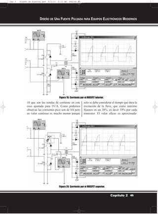 10 que son las sondas de corriente en este
caso ajustada para 1V/A. Como podemos
observar las corrientes pico son de 8A pero
su valor continuo es mucho menor porque
solo se debe considerar el tiempo que dura la
excitación de la llave, que como máximo
fijamos en un 38%, es decir 19% por cada
transistor. El valor eficaz es aproximada-
DISEÑO DE UNA FUENTE PULSADA PARA EQUIPOS ELECTRÓNICOS MODERNOS
45Capítulo 2
Figura 20. Corriente por el MOSFET superior.
Figura 19. Corriente por el MOSFET inferior.
Cap 2 - Diseño de Fuentes.qxd 8/2/11 6:15 AM Página 45
 