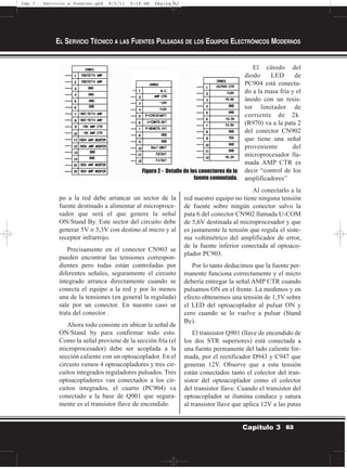 po a la red debe arrancar un sector de la
fuente destinado a alimentar al microproce-
sador que será el que genere la señal
ON/Stand By. Este sector del circuito debe
generar 5V o 3,3V con destino al micro y al
receptor infrarrojo.
Precisamente en el conector CN903 se
pueden encontrar las tensiones correspon-
dientes pero todas están controladas por
diferentes señales, seguramente el circuito
integrado arranca directamente cuando se
conecta el equipo a la red y por lo menos
una de la tensiones (en general la regulada)
sale por un conector. En nuestro caso se
trata del conector .
Ahora todo consiste en ubicar la señal de
ON/Stand by para confirmar todo esto.
Como la señal proviene de la sección fría (el
microprocesador) debe ser acoplada a la
sección caliente con un optoacoplador. En el
circuito vemos 4 optoacopladores y tres cir-
cuitos integrados reguladores pulsados. Tres
optoacopladores van conectados a los cir-
cuitos integrados, el cuarto (PC904) va
conectado a la base de Q901 que segura-
mente es el transistor llave de encendido.
El cátodo del
diodo LED de
PC904 está conecta-
do a la masa fría y el
ánodo con un resis-
tor limitador de
corriente de 2k
(R970) va a la pata 2
del conector CN902
que tiene una señal
proveniente del
microprocesador lla-
mada AMP CTR es
decir “control de los
amplificadores”
Al conectarlo a la
red nuestro equipo no tiene ninguna tensión
de fuente sobre ningún conector salvo la
pata 6 del conector CN902 llamada U-COM
de 5,6V destinada al microprocesador y que
es justamente la tensión que regula el siste-
ma voltimétrico del amplificador de error,
de la fuente inferior conectada al optoaco-
plador PC903.
Por lo tanto deducimos que la fuente per-
manente funciona correctamente y el micro
debería entregar la señal AMP CTR cuando
pulsamos ON en el frente. La medimos y en
efecto obtenemos una tensión de 1,5V sobre
el LED del optoacoplador al pulsar ON y
cero cuando se lo vuelve a pulsar (Stand
By).
El transistor Q901 (llave de encendido de
los dos STR superiores) está conectada a
una fuente permanente del lado caliente for-
mada, por el rectificador D943 y C947 que
generan 12V. Observe que a esta tensión
están conectados tanto el colector del tran-
sistor del optoacoplador como el colector
del transistor llave. Cuando el transistor del
optoacoplador se ilumina conduce y satura
al transistor llave que aplica 12V a las patas
EL SERVICIO TÉCNICO A LAS FUENTES PULSADAS DE LOS EQUIPOS ELECTRÓNICOS MODERNOS
63Capítulo 3
Figura 2 - Detalle de los conectores de la
fuente conmutada.
Cap 3 - Servicio a Fuentes.qxd 8/2/11 9:18 AM Página 63
 