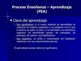 Proceso Enseñanza – Aprendizaje (PEA) Clave del aprendizaje Sea significativo:  si el nuevo material de aprendizaje se relaciona de manera sustantiva y no aleatoria con lo que el alumno ya sabe, es decir, si es asimilado a su estructura cognitiva. (el aprendizaje escolar -de conceptos, de procesos, de valores- sea significativo) Sea repetitivo:  se limita a memorizarlo sin establecer relaciones con sus conocimientos previos  El aprendizaje escolar debe ser significativo. 