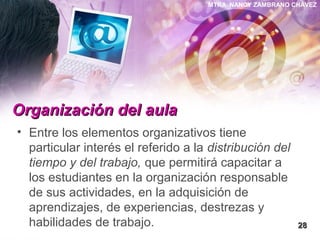 MTRA. NANCY ZAMBRANO CHÁVEZ
Organización del aulaOrganización del aula
• Entre los elementos organizativos tiene
particular interés el referido a la distribución del
tiempo y del trabajo, que permitirá capacitar a
los estudiantes en la organización responsable
de sus actividades, en la adquisición de
aprendizajes, de experiencias, destrezas y
habilidades de trabajo. 2828
 
