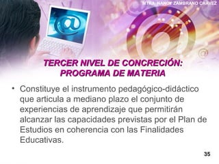 MTRA. NANCY ZAMBRANO CHÁVEZ
TERCER NIVEL DE CONCRECIÓN:TERCER NIVEL DE CONCRECIÓN:
PROGRAMA DE MATERIAPROGRAMA DE MATERIA
• Constituye el instrumento pedagógico-didáctico
que articula a mediano plazo el conjunto de
experiencias de aprendizaje que permitirán
alcanzar las capacidades previstas por el Plan de
Estudios en coherencia con las Finalidades
Educativas.
3535
 