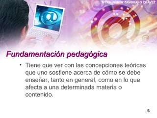 MTRA. NANCY ZAMBRANO CHÁVEZ
Fundamentación pedagógicaFundamentación pedagógica
• Tiene que ver con las concepciones teóricas
que uno sostiene acerca de cómo se debe
enseñar, tanto en general, como en lo que
afecta a una determinada materia o
contenido.
66
 