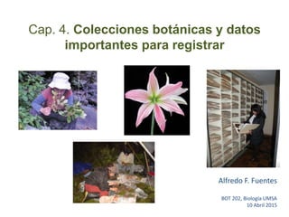 Cap. 4. Colecciones botánicas y datos
importantes para registrar
Alfredo F. Fuentes
BOT 202, Biología UMSA
10 Abril 2015
 