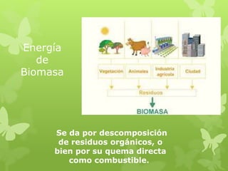 Energía
de
Biomasa
Se da por descomposición
de residuos orgánicos, o
bien por su quema directa
como combustible.