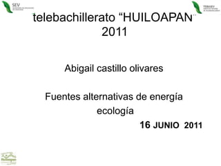 telebachillerato “HUILOAPAN” 2011 Abigail castillo olivares Fuentes alternativas de energía  ecología 16 JUNIO  2011  