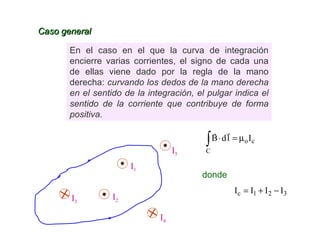 Caso general En el caso en el que la curva de integración encierre varias corrientes, el signo de cada una de ellas viene dado por la regla de la mano derecha:  curvando los dedos de la mano derecha en el sentido de la integración, el pulgar indica el sentido de la corriente que contribuye de forma positiva. I 1 I 2 I 3 I 4 I 5 donde 