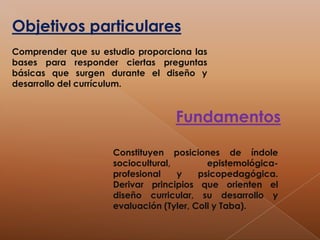 Objetivos particularesComprender que su estudio proporciona las bases para responder ciertas preguntas básicas que surgen durante el diseño y desarrollo del currículum.FundamentosConstituyen posiciones de índole sociocultural, epistemológica-profesional y psicopedagógica. Derivar principios que orienten el diseño curricular, su desarrollo y evaluación (Tyler, Coll y Taba).