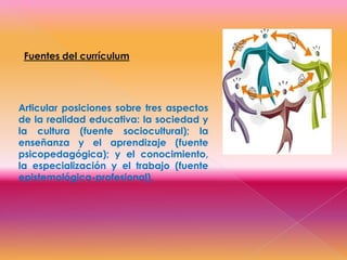 Fuentes del currículumArticular posiciones sobre tres aspectos de la realidad educativa: la sociedad y la cultura (fuente sociocultural); la enseñanza y el aprendizaje (fuente psicopedagógica); y el conocimiento, la especialización y el trabajo (fuente epistemológica-profesional).