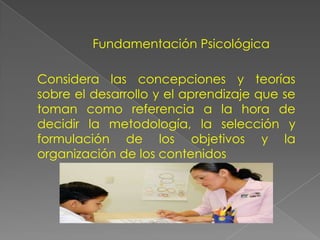 Fundamentación Psicológica
Considera las concepciones y teorías
sobre el desarrollo y el aprendizaje que se
toman como referencia a la hora de
decidir la metodología, la selección y
formulación de los objetivos y la
organización de los contenidos
 