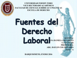 UNIVERSIDAD FERMIN TORO
VICE RECTORADO ACADÉMICO
FACULTAD DE CIENCIAS JURÍDICAS Y POLÍTICAS
ESCUELA DE DERECHO
ALUMNA:
ANA DANIELA OLLARVES
C.I 15.732.636
PROFESORA:
ABG. DAYLIN COLMENARES
SAIA – A
BARQUISIMETO, ENERO 2016
 