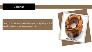 Bobinas
Son componentes eléctricos que, al igual que los
condensadores, almacenan energía.
 