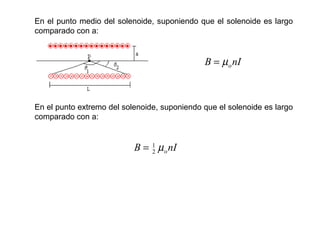 En el punto medio del solenoide, suponiendo que el solenoide es largo
comparado con a:
nIB oµ=
En el punto extremo del solenoide, suponiendo que el solenoide es largo
comparado con a:
nIB oµ2
1
=
 
