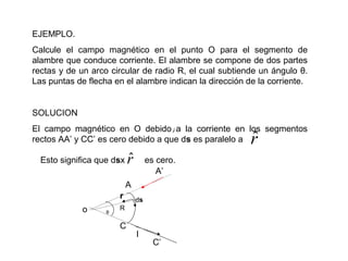 EJEMPLO.
Calcule el campo magnético en el punto O para el segmento de
alambre que conduce corriente. El alambre se compone de dos partes
rectas y de un arco circular de radio R, el cual subtiende un ángulo θ.
Las puntas de flecha en el alambre indican la dirección de la corriente.
SOLUCION
El campo magnético en O debido a la corriente en los segmentos
rectos AA’ y CC’ es cero debido a que ds es paralelo a
rˆrˆ
rˆ
Esto significa que dsx rˆ es cero.
θo R
ds
r
I
A
A’
C
C’
 