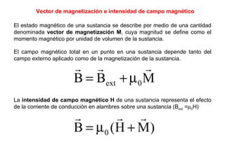 Vector de magnetización e intensidad de campo magnético El estado magnético de una sustancia se describe por medio de una cantidad denominada  vector de magnetización M , cuya magnitud se define como el momento magnético por unidad de volumen de la sustancia. El campo magnético total en un punto en una sustancia depende tanto del campo externo aplicado como de la magnetización de la sustancia. La  intensidad de campo magnético H  de una sustancia representa el efecto de la corriente de conducción en alambres sobre una sustancia (B ext  =  0 H) 
