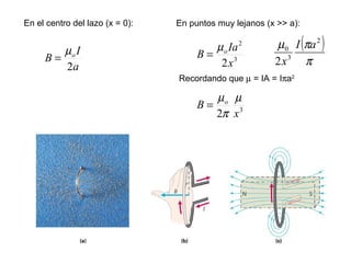 En el centro del lazo (x = 0): En puntos muy lejanos (x >> a): Recordando que    = IA = I  a 2 