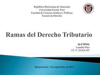 ALUMNO:
Leandro Páez
CI: V- 20.924.597
República Bolivariana de Venezuela
Universidad Fermín Toro
Facultad de Ciencias Jurídicas y Políticas
Escuela de Derecho
Barquisimeto, 9 de septiembre de 2015
 