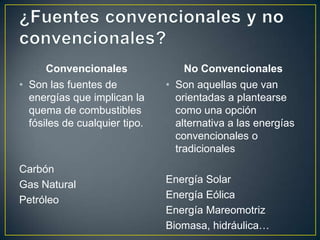 Convencionales               No Convencionales
• Son las fuentes de           • Son aquellas que van
  energías que implican la       orientadas a plantearse
  quema de combustibles          como una opción
  fósiles de cualquier tipo.     alternativa a las energías
                                 convencionales o
                                 tradicionales
Carbón
Gas Natural                    Energía Solar
Petróleo                       Energía Eólica
                               Energía Mareomotriz
                               Biomasa, hidráulica…
 