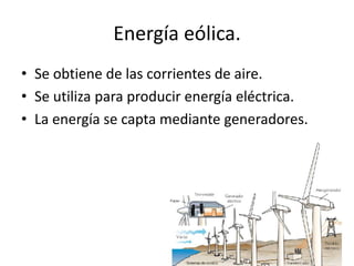 Energía eólica.Se obtiene de las corrientes de aire.Se utiliza para producir energía eléctrica.La energía se capta mediante generadores.