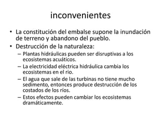 inconvenientesLa constitución del embalse supone la inundación de terreno y abandono del pueblo.Destrucción de la naturaleza:Plantas hidráulicas pueden ser disruptivas a los ecosistemas acuáticos.La electricidad eléctrica hidráulica cambia los ecosistemas en el rio.El agua que sale de las turbinas no tiene mucho sedimento, entonces produce destrucción de los costados de los ríos.Estos efectos pueden cambiar los ecosistemas dramáticamente.