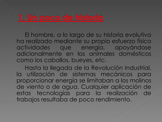 El hombre, a lo largo de su historia evolutiva ha realizado mediante su propio esfuerzo físico actividades que energía, apoyándose adicionalmente en los animales domésticos como los caballos, bueyes, etc. Hasta la llegada de la Revolución Industrial, la utilización de sistemas mecánicos para proporcionar energía se limitaban a los molinos de viento o de agua. Cualquier aplicación de estas tecnologías para la realización de trabajos resultaba de poco rendimiento. 