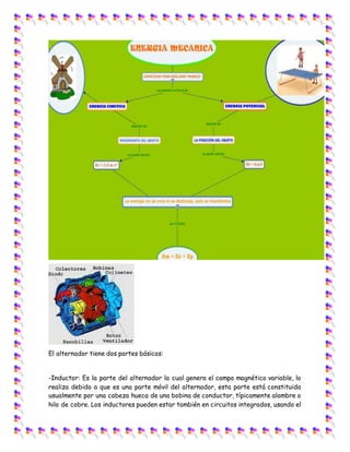 El alternador tiene dos partes básicas:
-Inductor: Es la parte del alternador la cual genera el campo magnético variable, lo
realiza debido a que es una parte móvil del alternador, esta parte está constituida
usualmente por una cabeza hueca de una bobina de conductor, típicamente alambre o
hilo de cobre. Los inductores pueden estar también en circuitos integrados, usando el
 