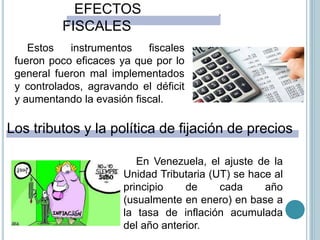 EFECTOS
FISCALES
Estos instrumentos fiscales
fueron poco eficaces ya que por lo
general fueron mal implementados
y controlados, agravando el déficit
y aumentando la evasión fiscal.
Los tributos y la política de fijación de precios
En Venezuela, el ajuste de la
Unidad Tributaria (UT) se hace al
principio de cada año
(usualmente en enero) en base a
la tasa de inflación acumulada
del año anterior.
 