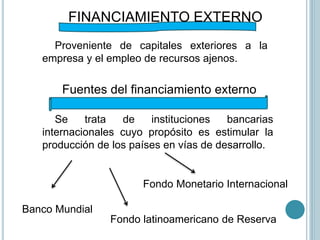FINANCIAMIENTO EXTERNO
Proveniente de capitales exteriores a la
empresa y el empleo de recursos ajenos.
Fuentes del financiamiento externo
Se trata de instituciones bancarias
internacionales cuyo propósito es estimular la
producción de los países en vías de desarrollo.
Banco Mundial
Fondo Monetario Internacional
Fondo latinoamericano de Reserva
 