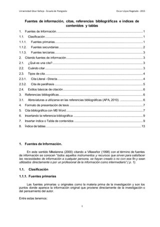 Universidad César Vallejo - Escuela de Postgrado Oscar López Regalado - 2015
1
Fuentes de información, citas, referencias bibliográficas e índices de
contenidos y tablas
1. Fuentes de Información...........................................................................................................1
1.1. Clasificación.........................................................................................................................1
1.1.1. Fuentes primarias.............................................................................................................1
1.1.2. Fuentes secundarias........................................................................................................2
1.1.3. Fuentes terciarias.............................................................................................................3
2. Citando fuentes de información...............................................................................................3
2.1. ¿Qué es una cita?................................................................................................................3
2.2. Cuándo citar.........................................................................................................................3
2.3. Tipos de cita.........................................................................................................................4
2.3.1. Cita Literal - Directa..........................................................................................................4
2.3.2. Cita de paráfrasis .............................................................................................................5
2.4. Estilos básicos de citación...................................................................................................6
3. Referencias bibliográficas........................................................................................................6
3.1. Abreviaturas a utilizarse en las referencias bibliográficas (APA, 2010). ............................6
4. Formato de presentación de tesis ...........................................................................................7
5. Cita bibliográfica con MS Word...............................................................................................7
6. Insertando la referencia bibliográfica ......................................................................................9
7. Insertar índice o Tabla de contenidos .....................................................................................9
8. Índice de tablas ......................................................................................................................13
1. Fuentes de Información.
En este sentido Mikelarena (2000) citando a Villaseñor (1998) con el término de fuentes
de información se conocen “todos aquellos instrumentos y recursos que sirven para satisfacer
las necesidades de información a cualquier persona, se hayan creado o no con ese fin y sean
utilizados directamente o por un profesional de la información como intermediario”.( p. 1).
1.1. Clasificación
1.1.1. Fuentes primarias
Las fuentes primarias u originales como la materia prima de la investigación y son los
puntos donde aparece la información original que proviene directamente de la investigación o
del pensamiento del autor.
Entre estas tenemos:
 