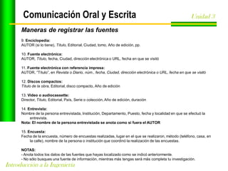 Comunicación Oral y Escrita

Unidad 3

Maneras de registrar las fuentes
9. Enciclopedia:
AUTOR (si lo tiene), Título, Editorial, Ciudad, tomo, Año de edición, pp.
10. Fuente electrónica:
AUTOR, Título, fecha, Ciudad, dirección electrónica o URL, fecha en que se visitó
11. Fuente electrónica con referencia impresa:
AUTOR, “Título”, en Revista o Diario, núm., fecha, Ciudad, dirección electrónica o URL, fecha en que se visitó
12. Discos compactos:
Título de la obra, Editorial, disco compacto, Año de edición
13. Video o audiocassette:
Director, Título, Editorial, País, Serie o colección, Año de edición, duración
14. Entrevista:
Nombre de la persona entrevistada, Institución, Departamento, Puesto, fecha y localidad en que se efectuó la
entrevista.
Nota: El nombre de la persona entrevistada se anota como si fuera el AUTOR

15. Encuesta:
Fecha de la encuesta, número de encuestas realizadas, lugar en el que se realizaron, método (teléfono, casa, en
la calle), nombre de la persona o institución que coordinó la realización de las encuestas.
NOTAS:
- Anota todos los datos de las fuentes que hayas localizado como se indicó anteriormente.
- No sólo busques una fuente de información, mientras más tengas será más completa tu investigación.

Introducción a la Ingeniería

 