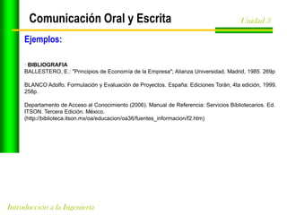 Comunicación Oral y Escrita

Unidad 3

Ejemplos:
· BIBLIOGRAFIA
BALLESTERO, E.: "Principios de Economía de la Empresa"; Alianza Universidad, Madrid, 1985. 269p
BLANCO Adolfo. Formulación y Evaluación de Proyectos. España: Ediciones Torán, 4ta edición, 1999.
258p.
Departamento de Acceso al Conocimiento (2006). Manual de Referencia: Servicios Bibliotecarios. Ed.
ITSON. Tercera Edición. México.
(http://biblioteca.itson.mx/oa/educacion/oa36/fuentes_informacion/f2.htm)

Introducción a la Ingeniería

 