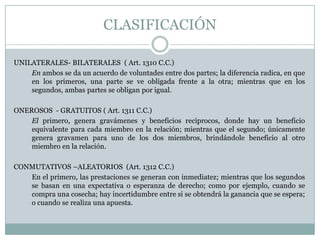 CLASIFICACIÓNUNILATERALES- BILATERALES  ( Art. 1310 C.C.)	En ambos se da un acuerdo de voluntades entre dos partes; la diferencia radica, en que en los primeros, una parte se ve obligada frente a la otra; mientras que en los segundos, ambas partes se obligan por igual.ONEROSOS  - GRATUITOS ( Art. 1311 C.C.)	El primero, genera gravámenes y beneficios recíprocos, donde hay un beneficio equivalente para cada miembro en la relación; mientras que el segundo; únicamente genera gravamen para uno de los dos miembros, brindándole beneficio al otro miembro en la relación.CONMUTATIVOS –ALEATORIOS  (Art. 1312 C.C.)	En el primero, las prestaciones se generan con inmediatez; mientras que los segundos se basan en una expectativa o esperanza de derecho; como por ejemplo, cuando se compra una cosecha; hay incertidumbre entre si se obtendrá la ganancia que se espera; o cuando se realiza una apuesta.