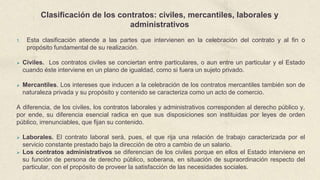 Clasificación de los contratos: civiles, mercantiles, laborales y
administrativos
1. Esta clasificación atiende a las partes que intervienen en la celebración del contrato y al fin o
propósito fundamental de su realización.
 Civiles. Los contratos civiles se conciertan entre particulares, o aun entre un particular y el Estado
cuando éste interviene en un plano de igualdad, como si fuera un sujeto privado.
 Mercantiles. Los intereses que inducen a la celebración de los contratos mercantiles también son de
naturaleza privada y su propósito y contenido se caracteriza como un acto de comercio.
A diferencia, de los civiles, los contratos laborales y administrativos corresponden al derecho público y,
por ende, su diferencia esencial radica en que sus disposiciones son instituidas por leyes de orden
público, irrenunciables, que fijan su contenido.
 Laborales. El contrato laboral será, pues, el que rija una relación de trabajo caracterizada por el
servicio constante prestado bajo la dirección de otro a cambio de un salario.
 Los contratos administrativos se diferencian de los civiles porque en ellos el Estado interviene en
su función de persona de derecho público, soberana, en situación de supraordinación respecto del
particular, con el propósito de proveer la satisfacción de las necesidades sociales.
 