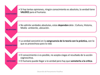 Desarrollo del Pensamiento Filosófico
SUBJETIVISMO
• Si hay tantas opiniones, ningún conocimiento es absoluto, la verdad tiene
VALIDEZ para el humano.
RELATIVISMO
• No admite verdades absolutas, estas dependen dela : Cultura, Historia,
Medio ambiente, ubicación.
PRAGMATISMO
• La verdad consistirá en la congruencia de la teoría con la práctica, con lo
que es provechoso para la vida
CRITICISMO
• El conocimiento si es posible, no acepta ciegas el resultado de la acción
cognoscitiva.
• El humano puede llegar a la verdad pero hay que someterla a la crítica.
 