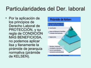 Particularidades del Der. laboral
• Por la aplicación de
los principios de
Derecho Laboral de
PROTECCIÓN, y su
regla de CONDICIÓN
MÁS BENEFICIOSA,
no podemos aplicar
lisa y llanamente la
pirámide de jerarquía
normativa (pirámide
de KELSEN).
 