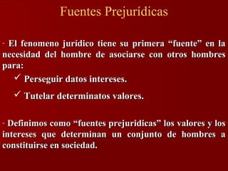 Fuentes Prejurídicas
El fenomeno jurídico tiene su primera “fuente” en la
necesidad del hombre de asociarse con otros hombres
para:
 Perseguir datos intereses.
-

 Tutelar determinatos valores.
Definimos como “fuentes prejuridicas” los valores y los
intereses que determinan un conjunto de hombres a
constituirse en sociedad.
-

 