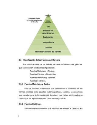1
2.3 Clasificación de las Fuentes del Derecho
Las clasificaciones de las fuentes del derecho son muchas, pero las
que sepresentan son las más importantes:
Fuentes Materiales y Reales.
Fuentes Escritas y No escritas.
Fuentes Históricas y Vigentes.
Fuentes Formales.
2.3.1 Fuentes Materiales y Reales
Son los factores y elementos que determinan el contenido de las
normas jurídicas como aquellos factores políticos, sociales, y económicos
que contribuyen a la formación del derecho y que deben ser tomados en
cuenta por los legisladores para crear normas jurídicas.
2.3.2 Fuentes Históricas
Son documentos históricos que hablan o se refieren al Derecho. En
 