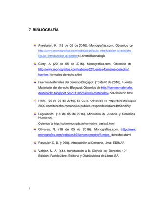 1
7 BIBLIOGRAFÍA
Ayestaran, K. (18 de 05 de 2016). Monografías.com. Obtenido de
http://www.monografias.com/trabajos86/guia-introduccion-al-derecho-
i/guia- introduccion-al-derecho-i.shtml#laanalogia
Clery, A. (20 de 05 de 2016). Monografías.com. Obtenido de
http://www.monografias.com/trabajos82/fuentes-formales-derecho/
fuentes- formales-derecho.shtml
Fuentes Materiales del derecho Blogspot. (18 de 05 de 2016). Fuentes
Materiales del derecho Blogspot. Obtenido de http://fuentesmateriales
delderecho.blogspot.pe/2011/05/fuentes-materiales- del-derecho.html
Hilda. (20 de 05 de 2016). La Guía. Obtenido de http://derecho.laguia
2000.com/derecho-romano/ius-publice-respondendi#ixzz49K6ndIVy
Legislación. (18 de 05 de 2016). Ministerio de Justicia y Derechos
Humanos.
Obtenido de http://spij.minjus.gob.pe/normativa_basica3.html
Olivares, N. (18 de 05 de 2016). Monografías.com. http://www.
monografias.com/trabajos40/fuentesderecho/fuentes -derecho.shtml
Pasquier, C. D. (1990). Introducción al Derecho. Lima: EDINAF.
Valdez, M. A. (s.f.). Introducción a la Ciencia del Derecho 10°
Edición. PuebloLibre: Editorial y Distribuidora de Libros SA.
 