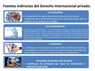 Fuentes Indirectas del Derecho Internacional privado.
La Costumbre
• La costumbre ha regido este derecho desde sus primeros
momentos, pero es de advertir que esta costumbre tiene que ser
jurídica, no un simple uso o hábito.
La Jurisprudencia
• Constituye una fuente porque en un caso análogo o parecido el juzgador encuentra allí un
hecho de referencia y un punto clave para resolver un problema jurídico para el cual no
existía la norma expresa o ésta resultaba oscura, dudosa o de difícil interpretación. dictada
por tribunales no solo nacionales sino extranjeros en los puntos en los cuales han sido
uniformes esos tribunales. Esta jurisprudencia se hace de aceptación casi obligatoria cuando
ella se ha hecho reiterada
La Doctrina
• constituye un ancho campo en el desarrollo científico del derecho, y,
si el juzgador no la tomara en cuenta, el derecho que éste elaborase,
sería un derecho trunco, sin base científica, y contradictorio.
Principios Generales del derecho.
• Constituyen los principios que rigen las instituciones y
relaciones jusprivatis.
 