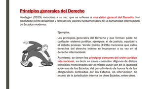 Ejemplos.
Los principios generales del Derecho y que forman parte de
cualquier sistema jurídico, ejemplos: el de justicia, equidad y
el debido proceso. Varela Quirós (1996) menciona que estos
derechos del derecho interno se incorporan a su vez en el
derecho internacional.
Asimismo, se tienen los principios comunes del orden jurídico
internacional, es decir en casos concretos. Algunos de dichos
principios mencionados por el mismo autor son de la igualdad
soberana de los Estados, del cumplimiento de buena fe de las
obligaciones contraídas por los Estados, no intervención de
asunto de la jurisdicción interna de otros Estados, entre otros.
Principios generales del Derecho
Herdegen (2019) menciona a su vez, que se refieren a una visión general del Derecho, han
alcanzado cierto desarrollo y reflejan los valores fundamentales de la comunidad internacional
de Estados moderna.
 