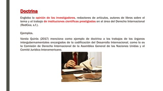 Ejemplos.
Varela Quirós (2017) menciona como ejemplo de doctrina a los trabajos de los órganos
intergubernamentales encargados de la codificación del Desarrollo Internacional, como lo es
la Comisión de Derecho Internacional de la Asamblea General de las Naciones Unidas y el
Comité Jurídico Interamericano.
Doctrina
Engloba la opinión de los investigadores, redactores de artículos, autores de libros sobre el
tema y el trabajo de instituciones científicas prestigiadas en el área del Derecho Internacional
(RedCea, s.f.).
 