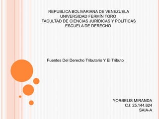 REPUBLICA BOLIVARIANA DE VENEZUELA
UNIVERSIDAD FERMÍN TORO
FACULTAD DE CIENCIAS JURÍDICAS Y POLÍTICAS
ESCUELA DE DERECHO
Fuentes Del Derecho Tributario Y El Tributo
YORBELIS MIRANDA
C.I: 25.144.624
SAIA-A
 