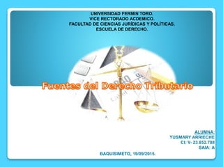 UNIVERSIDAD FERMIN TORO.
VICE RECTORADO ACDEMICO.
FACULTAD DE CIENCIAS JURÍDICAS Y POLÍTICAS.
ESCUELA DE DERECHO.
ALUMNA:
YUSMARY ARRIECHE
CI: V- 23.852.788
SAIA: A
BAQUISIMETO, 19/09/2015.
 